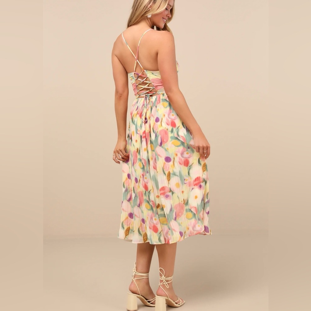 Lulu’s Aleyna Yellow Abstract Pleated Lace-Up Bustier Midi Dress Womens‎ Medium - Picture 3 of 4